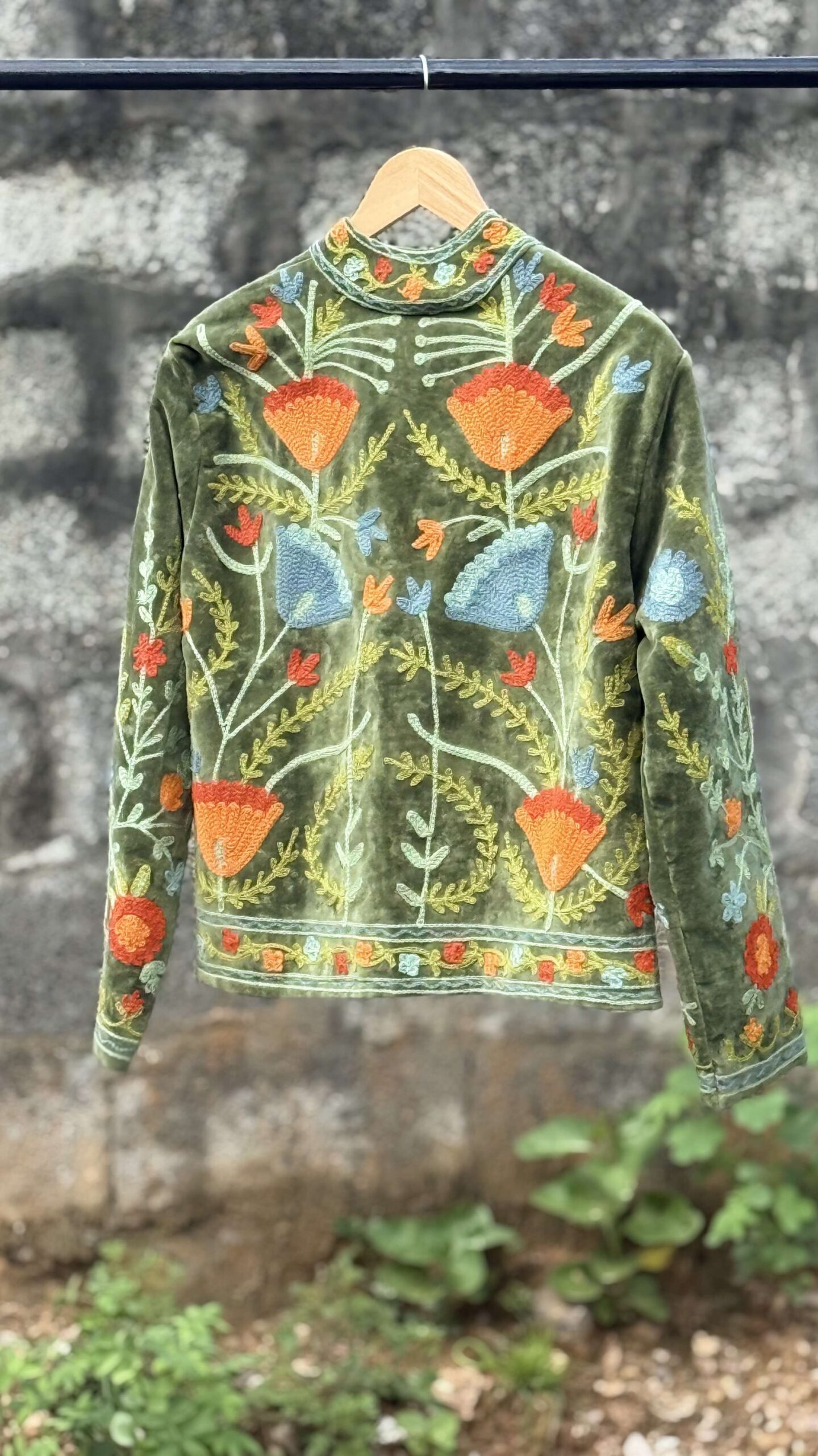 Womens Olive Green Velvet Embroidered Jacket with Floral Design - Image 3