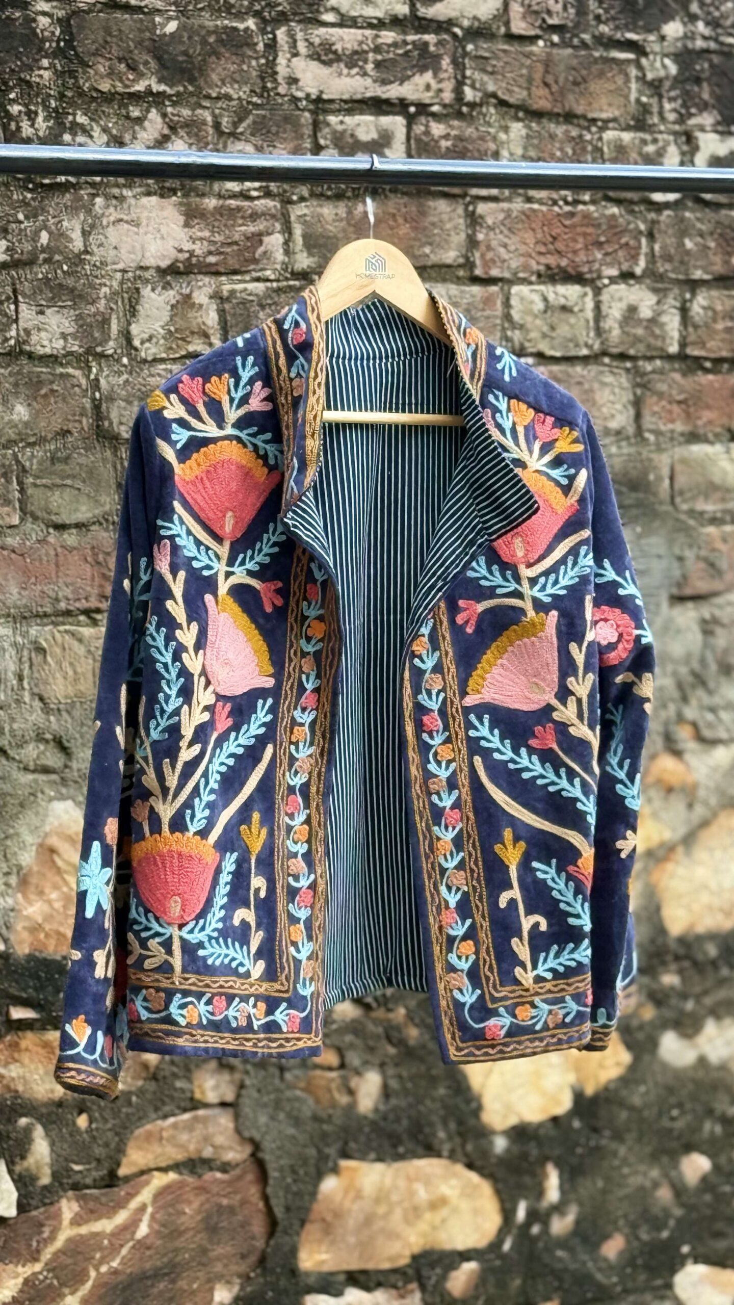 Womens Navy Blue Velvet Embroidered Jacket with Floral Design - Image 3