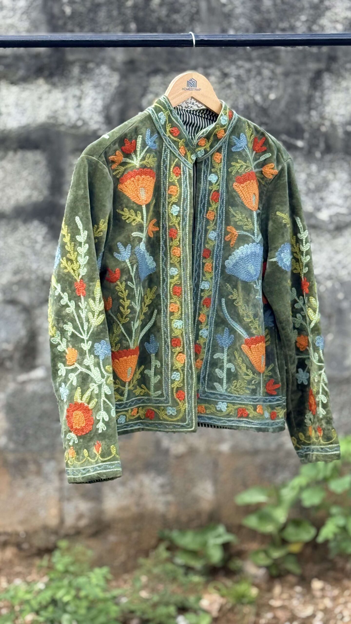 Womens Olive Green Velvet Embroidered Jacket with Floral Design - Image 2