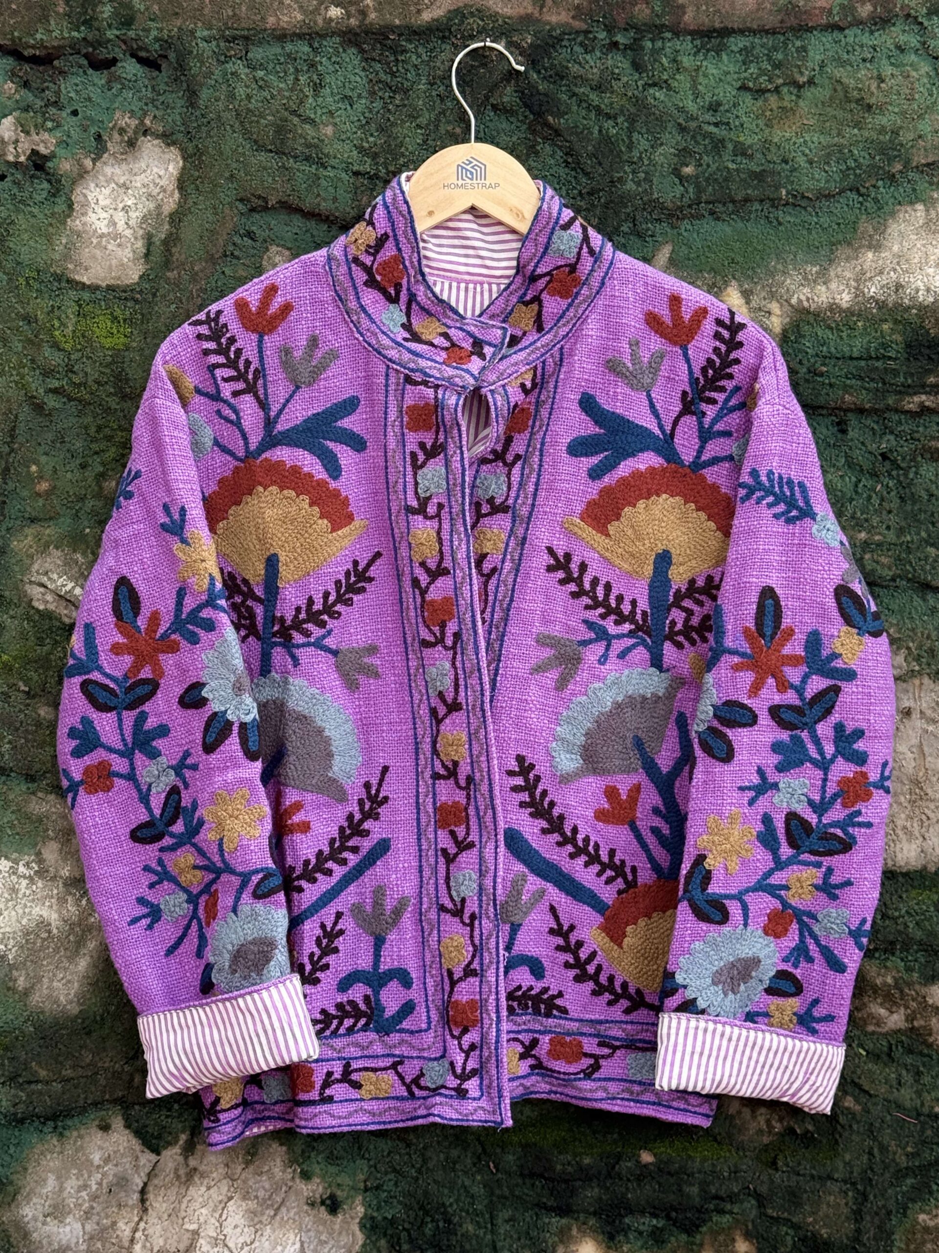 Womens Purple Velvet Embroidered Jacket with Floral Design